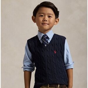 Polo Ralph Lauren Navy Cable Knit V-Neck Sweater Vest with Red Pony Kids 3T